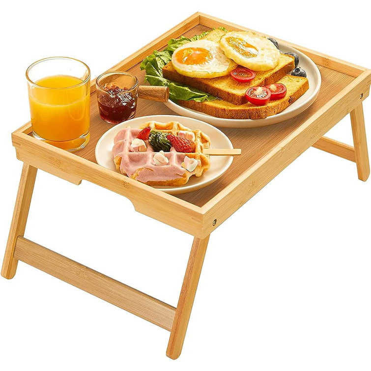 Birdrock Home Wood Bed Tray with Folding Legs Wide Breakfast Serving Tray Lap Desk with Sides and Handles Black
