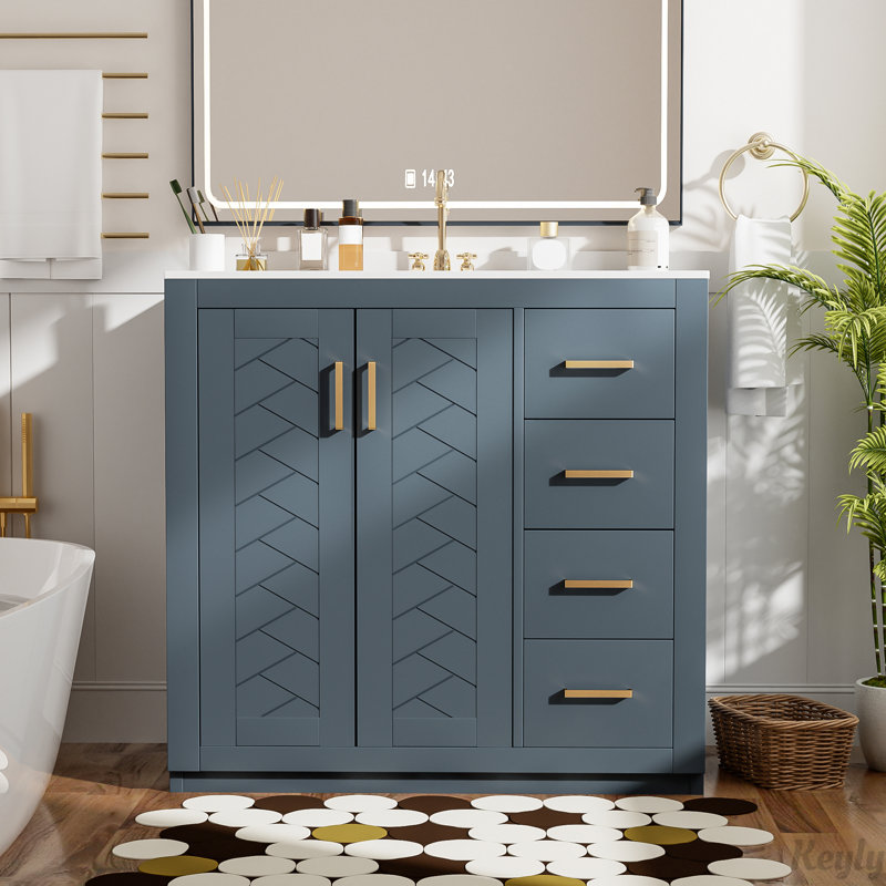 Meuble-lavabo 36 po avec lavabo en céramique, Bleu
