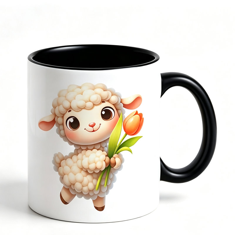 Cute Ceramic Mug with Adorable Lamb Holding Tulip Flower Design - Perfect Gift for Mom on Mother'S Day Easter Birthday.
