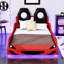 Lit de voiture de course rouge avec bande DEL et plateforme de nuit rembourrée Cozy Lighting