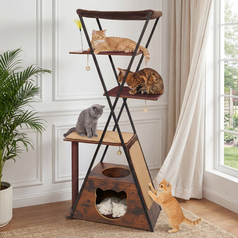 71" Modern Industrial Cat Tree: Multi-level Wooden Tower With Metal Frame & Washable Pads, Brun