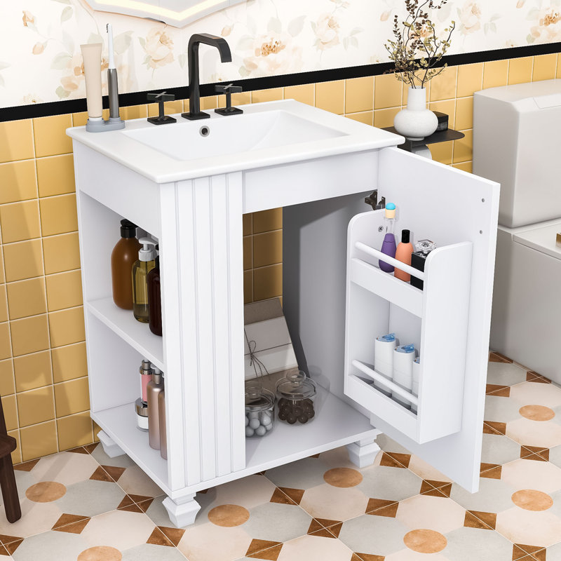 Meuble-lavabo rétro avec lavabo et structure en bois robuste, rangement spacieux, Blanc