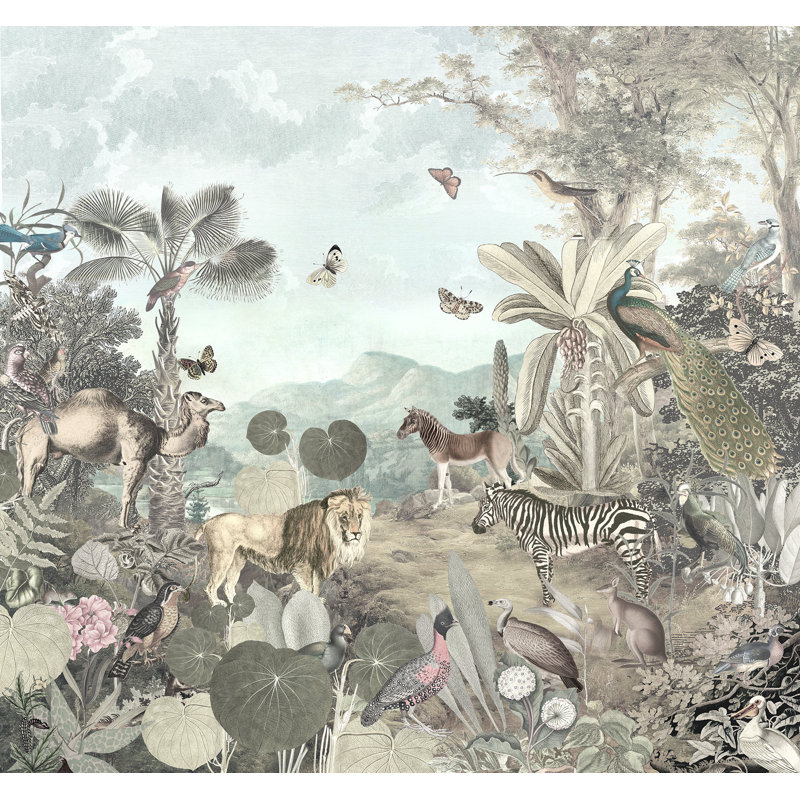 The Animals In Tropical Jungle Removable Wallpaper, 98.04" L x 150" W
