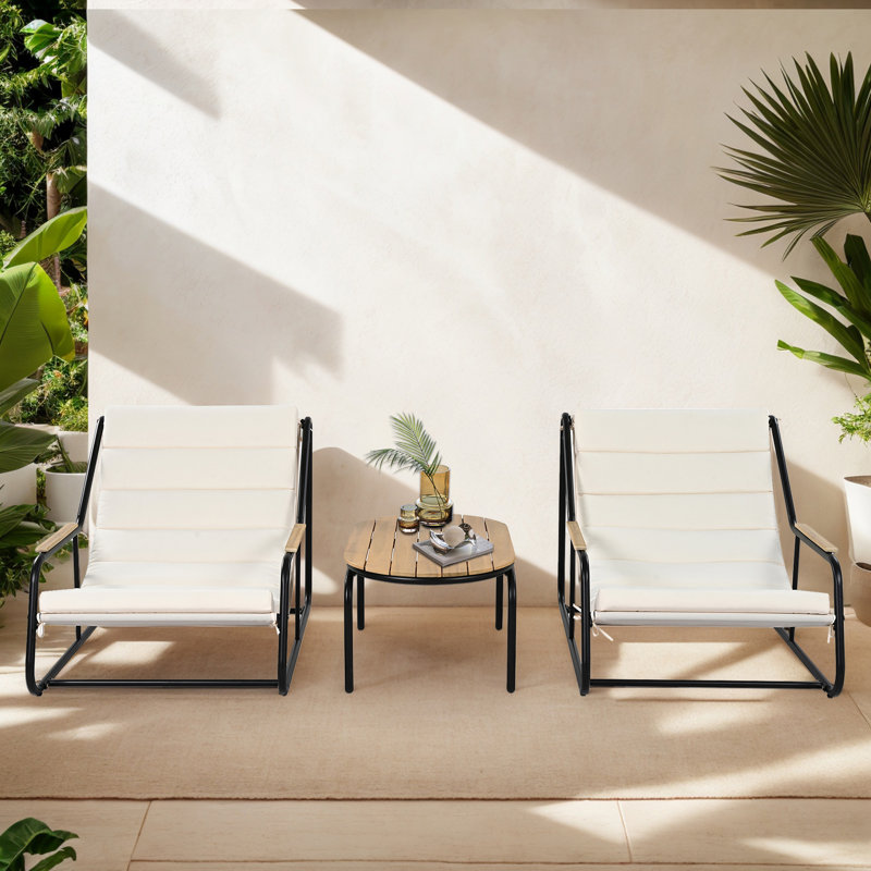 Ensemble 3 pièces de chaise longue d'extérieur avec table et coussins, Noir