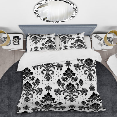 Ensemble de housse de couette transitionnel noir et blanc damassé Tradition I