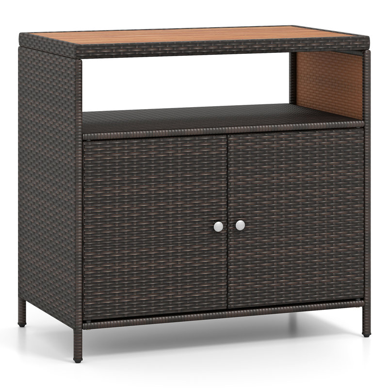 Latitude Run® Patio Storage Cabinet With Acacia Wood Countertop Open Shelf 2 Door Cabinet, Mixed Brown/Natural