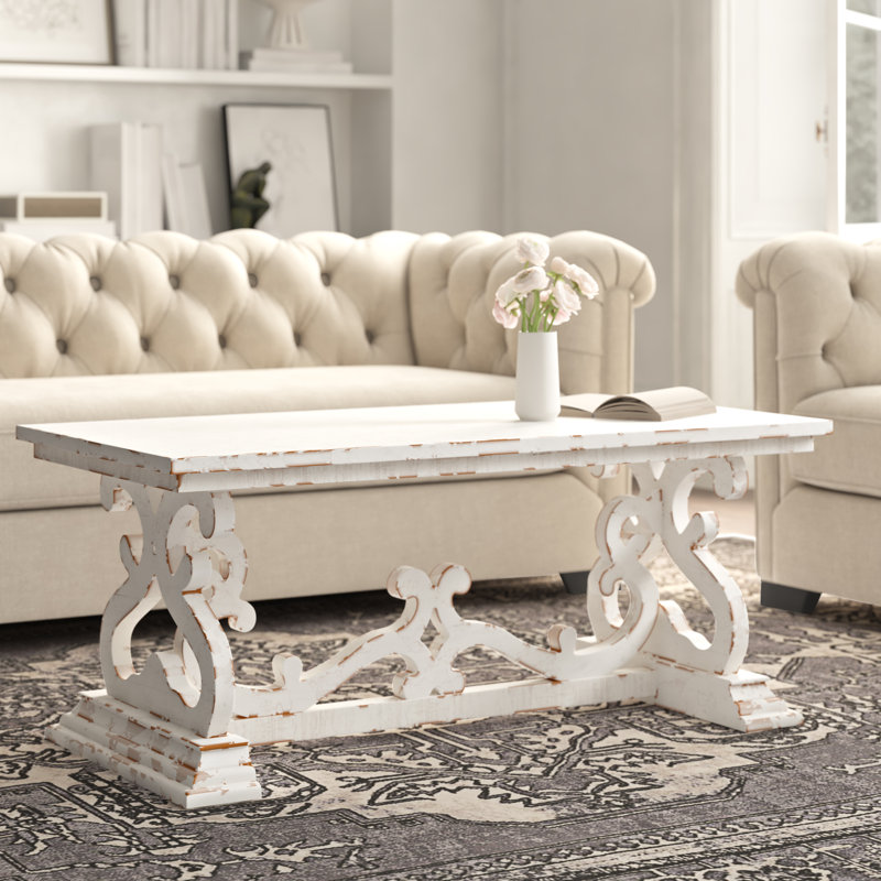 Distressed White Scrollwork Rectangular Wood Coffee Table