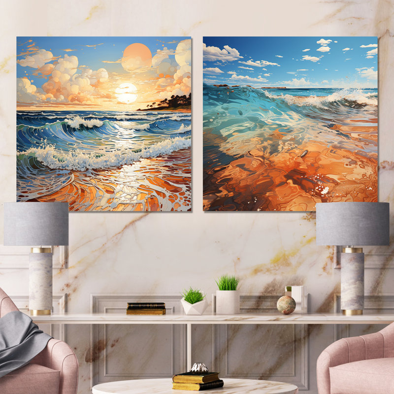 «Beach Photo Sunlit Coastline» 2 pièces, Encadrement doré, H 36 po x l 73 po