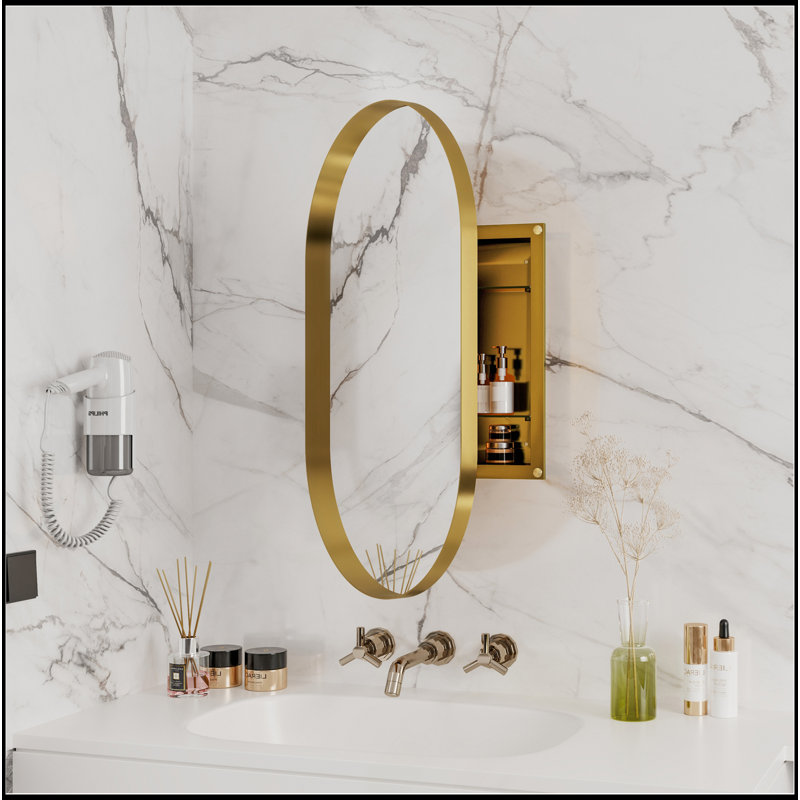 Versatile20x34 Inch Oval Recessed Medicine Cabinet, Metal Framed Bathroom Wall Cabinet With Mirror And Adjustable Shelves, Wall Mirror With Storage For Bathroom