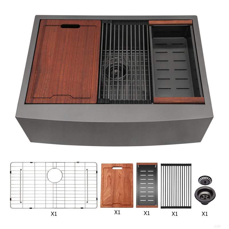 33x22x10"Farmhouse Apron Single Bowl Stainless Steel Kitchen Sink with Workstation, Matte Black