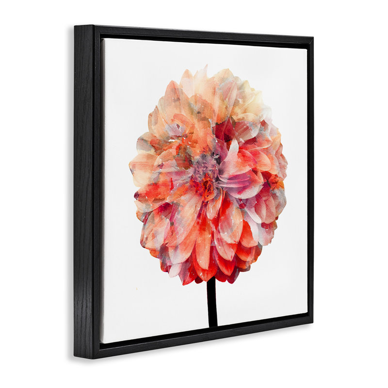 Aquarelle corail vif, H 18 po x l 18 po, Cadre flottant noir de jais