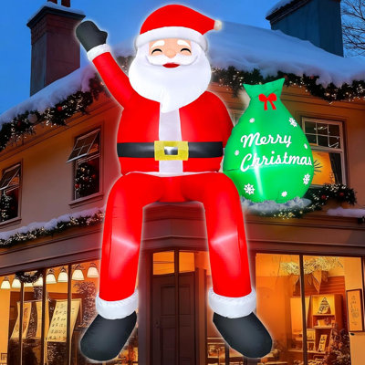 8FT Santa Claus Sitting on The Roof Christmas Inflatable Decoration with Gift Bag & Built-in LEDs, Giant Blow Up Inflatable Christmas Decorations Outdoor for Xmas Yard Terraces Balcony