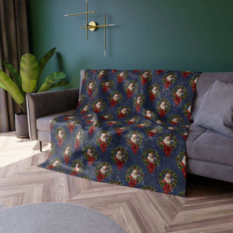 Couverture en velours froissé / Père Noël rétro dans une couronne, Bleu/vert/rouge