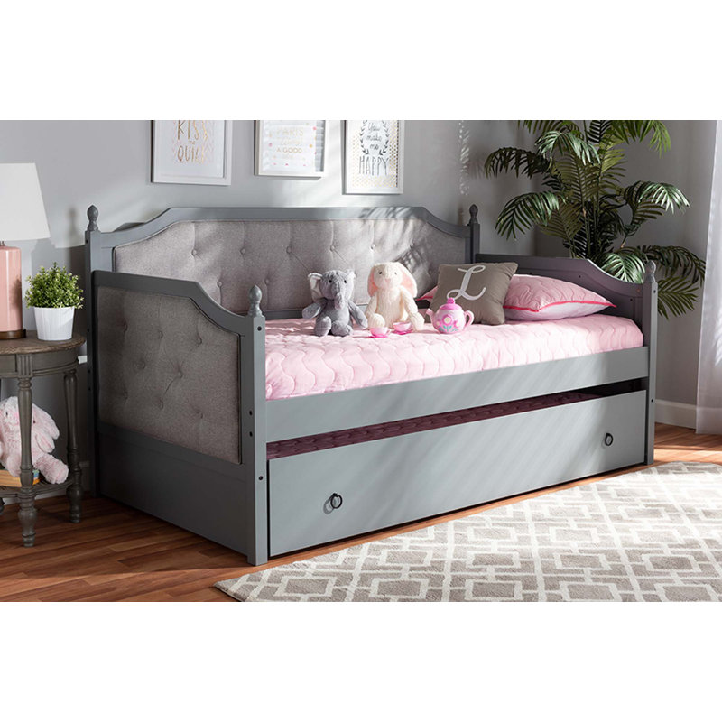 Lit de jour simple en bois massif avec couchette Madrid, Gris