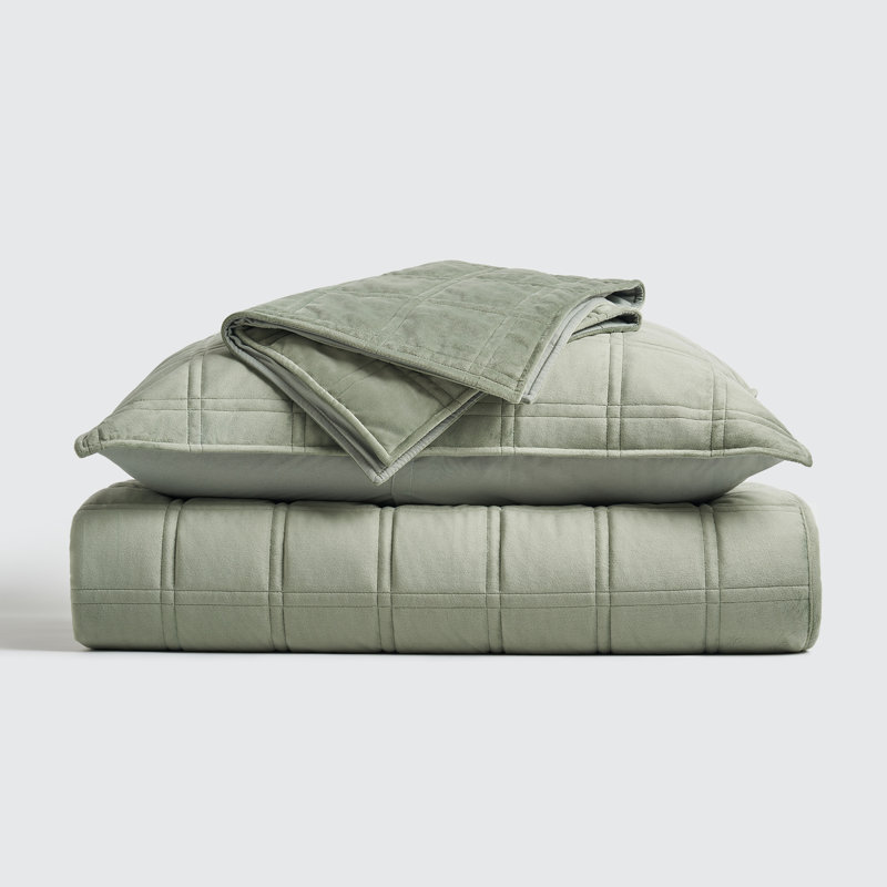 Double Box Stitch Velvet Quilt set, King Quilt + 2 King Shams, Sage Green