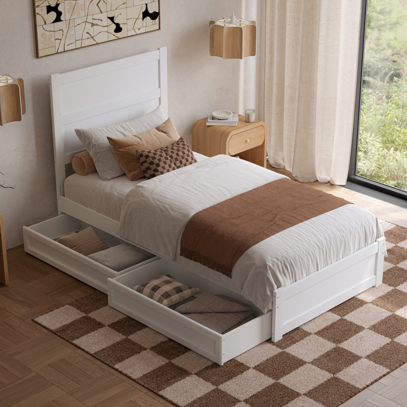 Lit plateforme avec tiroirs de rangement en bois Aveline, Très grand simple, Blanc