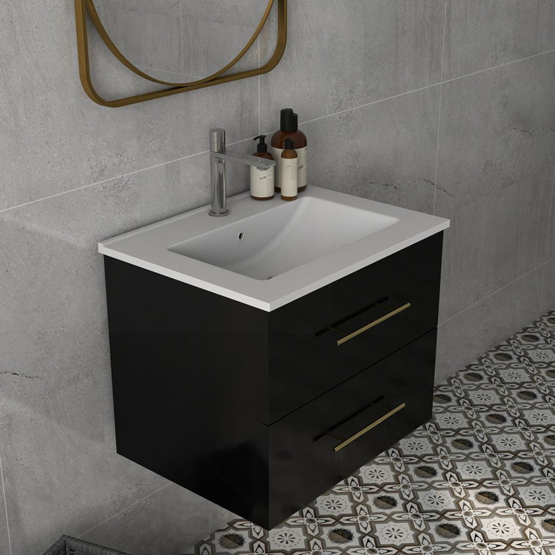 Meuble-lavabo mural de 24 po avec lavabo, double tiroir, lavabo en céramique, noir brillant et accents dorés