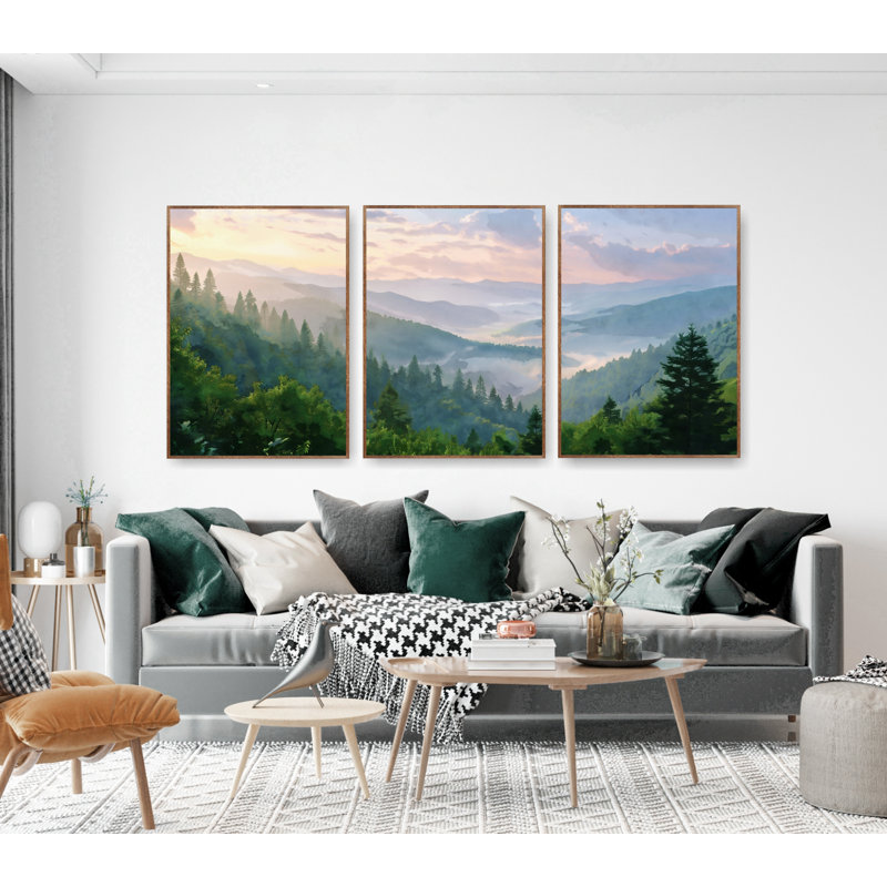Affiches du parc national des Great Smoky Mountains - lever de soleil, ensemble de 3 très grandes impressions à l'aquarelle