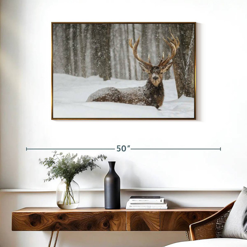 Wapiti recouvert de neige, Cadre flottant doré, 37 po x 25 po