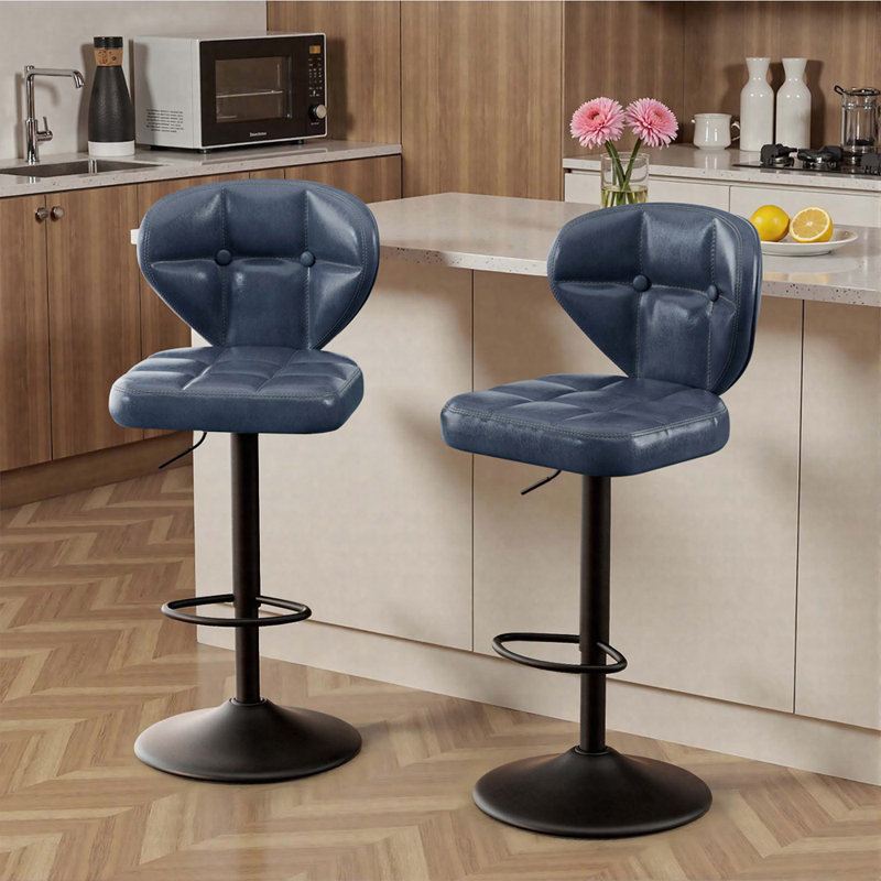 Ensemble de 2 tabourets de bar réglables, chaises pivotantes en cuir PU avec dossier, hauteur de comptoir, Bleu