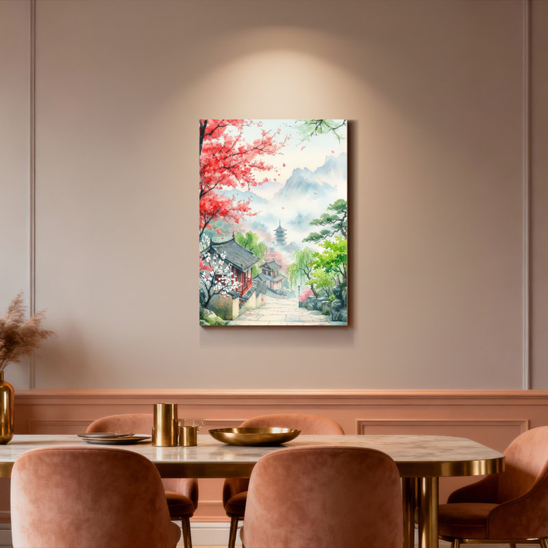 Ensemble de 1 tableau sur toile représentant un paysage de jardin japonais en fleurs de cerisier, H 30 po x l 20 po