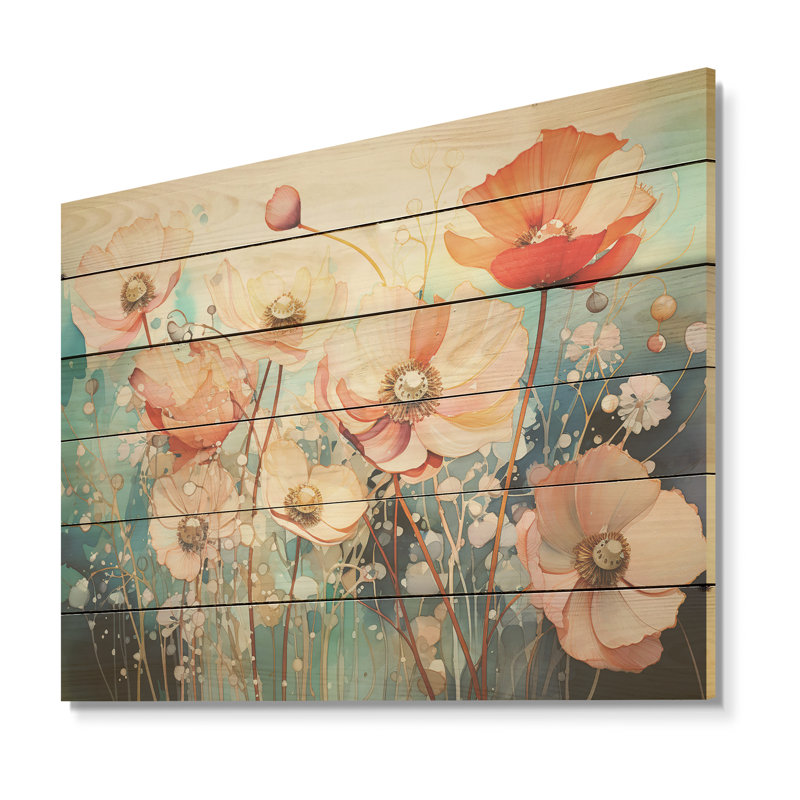 Vibrant Floral Oasis Field I - Flower Wood Wall Art On Natural Pine Wood, 24" H x 32" W