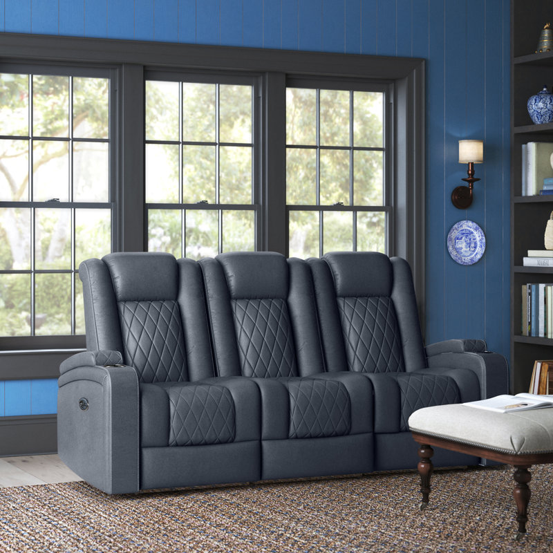 LurLine 82'' Faux Leather Reclining Sofa, Navy Blue Faux Leather