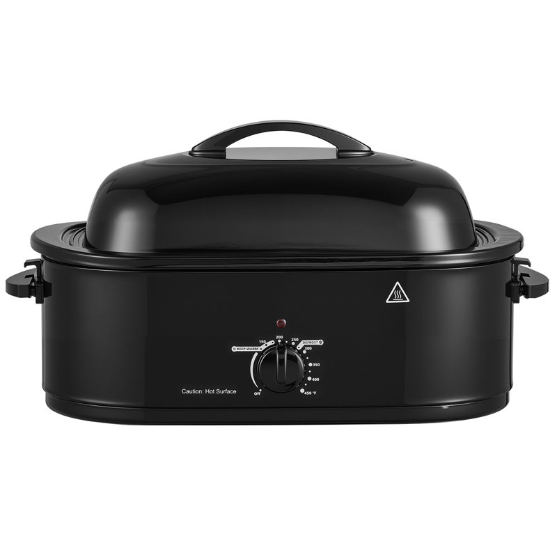 Electric Roaster Oven, 18 Qt Capacity, Turkey Roasting Pan, Black, 1450W Power, Metal Lid with Self-Basting Feature, Adjustable Heat Range 150-450°F, Countertop Cooker with Defrost and Warm Functions, Includes Removable Pan and Rack
