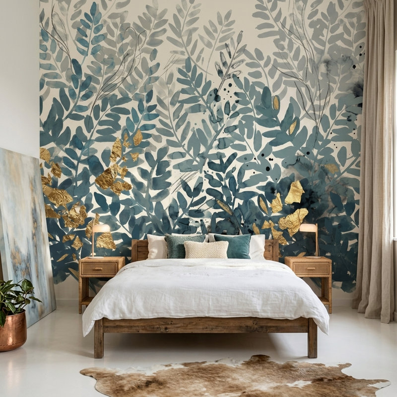 Papier peint feuilles aquarelle bleu sarcelle, 120 po x 96 po, Peler et coller