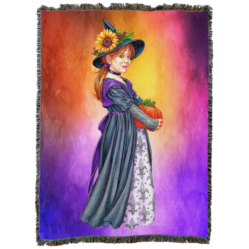 Couverture « Petite Sorcière à la Citrouille » de Pure Country Weavers par Jane Starr Weils - Jeté en tapisserie fantaisie tissée en coton - Fabriqué aux États-Unis (72 x 54)