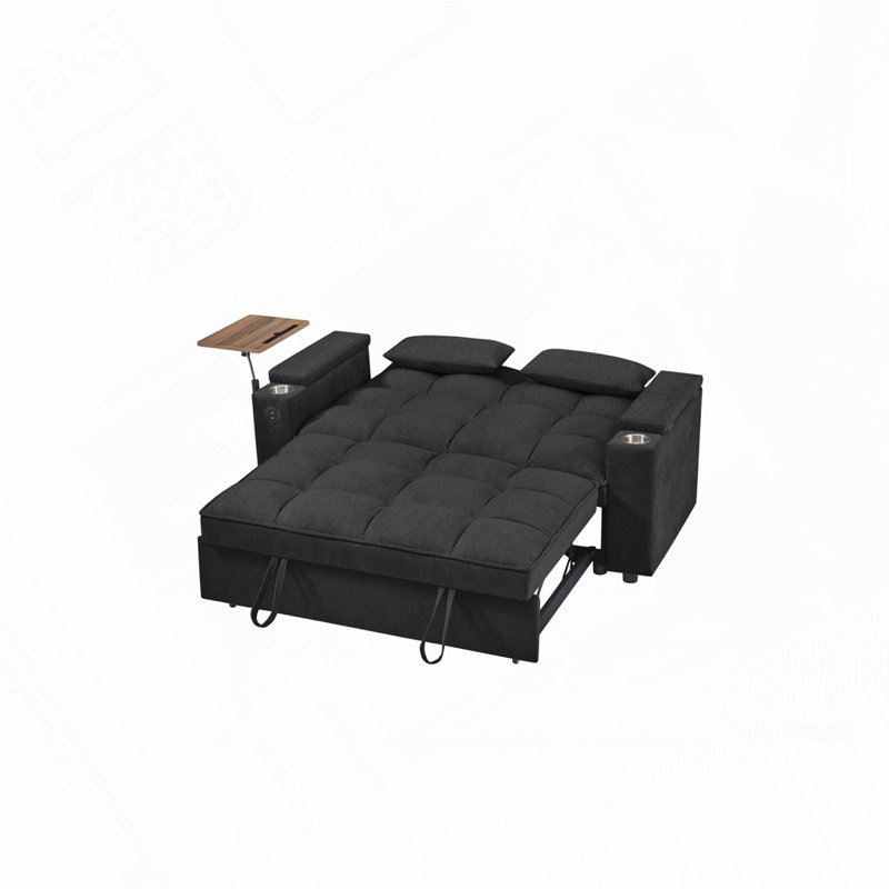 Canapé-lit chenille en tissu avec accoudoirs de rangement, port USB et table d'appoint, Noir, noir, noir, noir