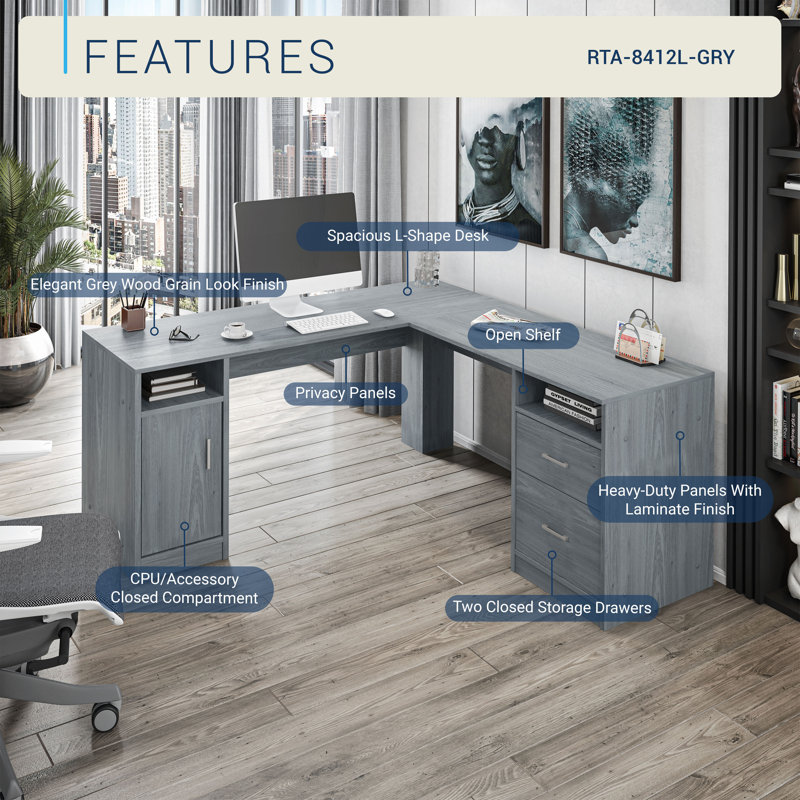 Functional L-Shape Desk with Storage, Grey