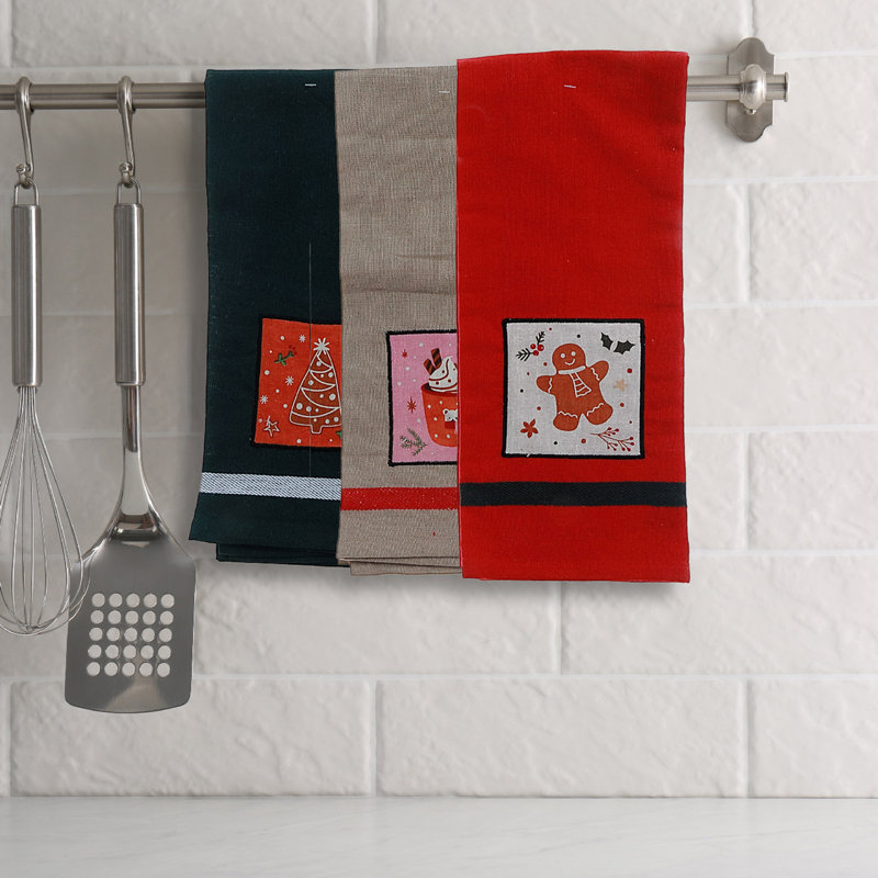 Ensemble de 3 serviettes de cuisine intégrées en coton à imprimé Holiday