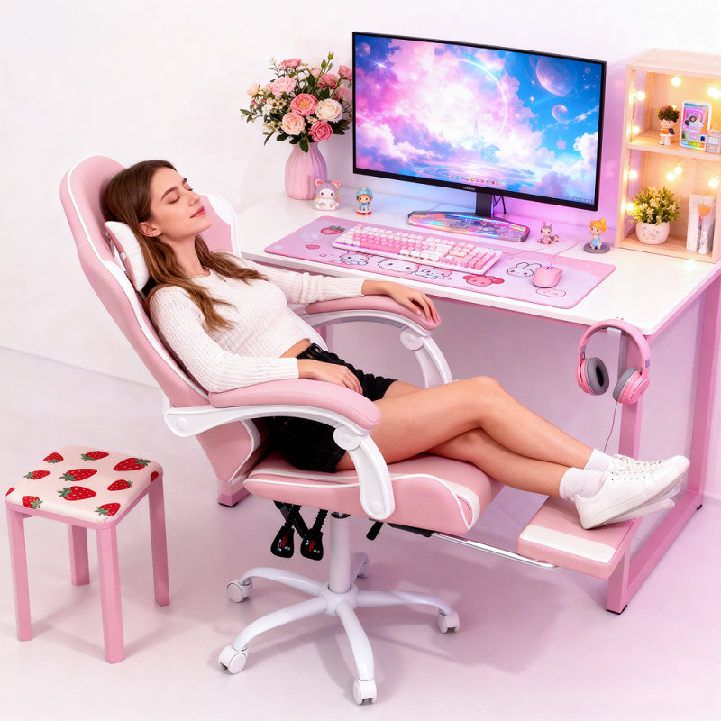 PU Leather Adjustable Gaming Chair, Ergonomic Desk Computer Chair with Headrest, Footrest and Lumbar Support, Pink/White
