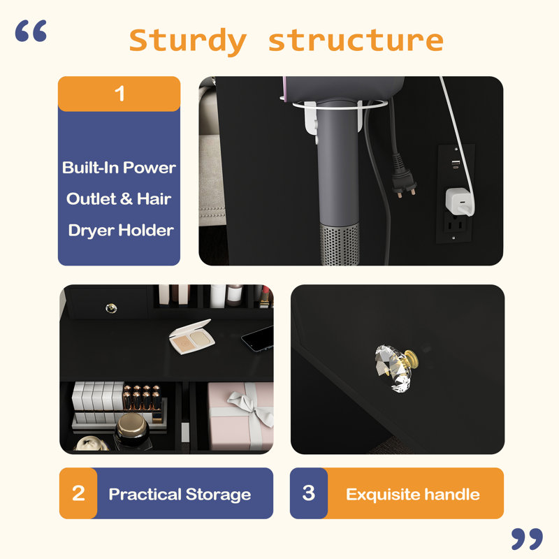 Modern Small Vanity Desk ,Featuring 3 Modes Of LED Lighting With Adjustable Brightness, 3 Drawers And Multiple Open Storage Shelves, A Hair Dryer Holder And Power Socket, And A Dressing Chair