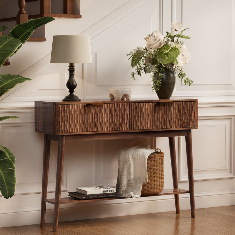 Console Table with Solid Wood Legs, Boho Modern Entryway Table with Storage Drawers, Fluted Narrow Sofa Table for Hallway,Living Room