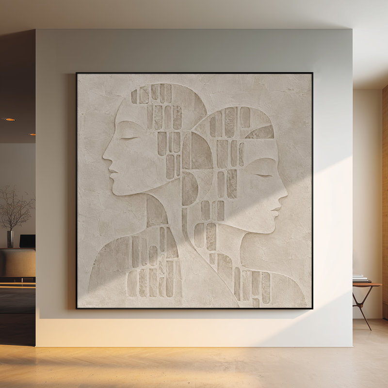 Impression sur tissu grand format - Beige neutre - Deux visages de femmes - Motif géométrique - Idéal pour le salon ou la chambre - « Assemblage du cadre requis (cadre non fini) »