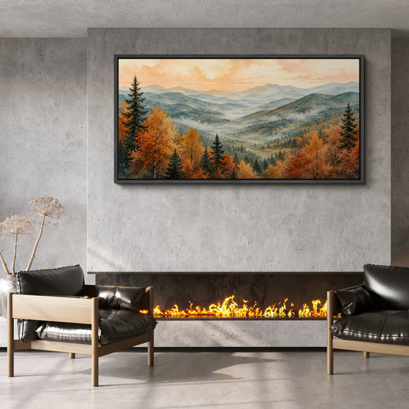 «Misty Autumn Mountain Valley with Forest Trees and Layered Hills Landscape», impression murale sur toile encadrée, Noir