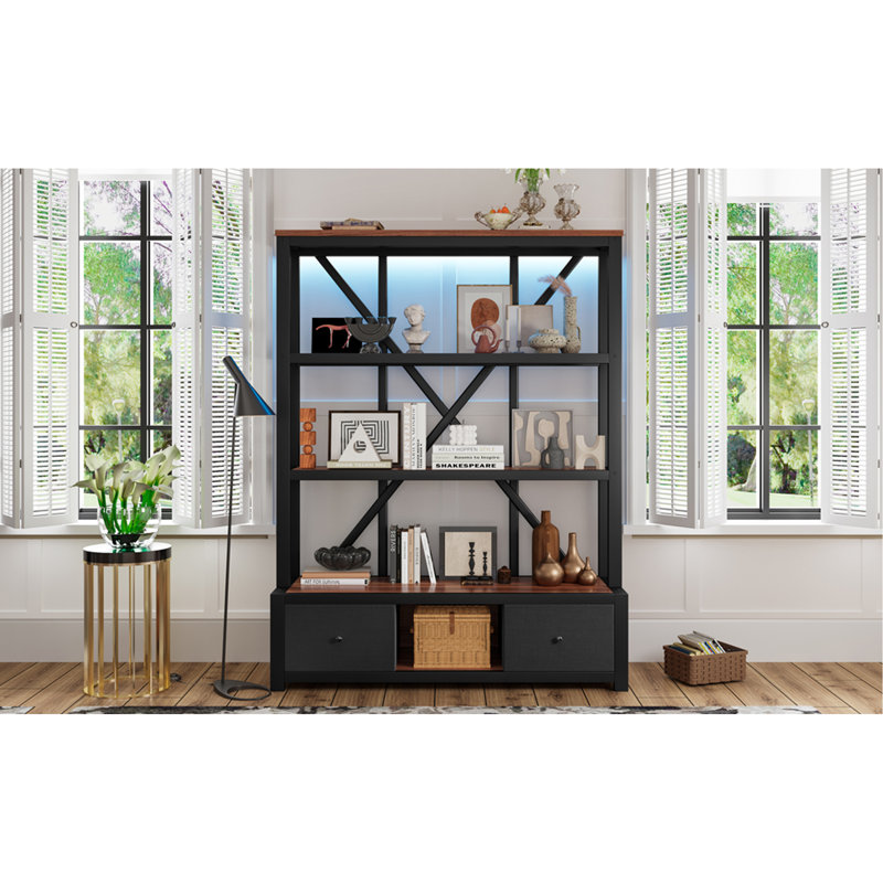 Bibliothèque en métal à 3 tablettes avec tiroirs pour le bureau personnel, bibliothèque ouverte, bibliothèque de style industriel avec DEL