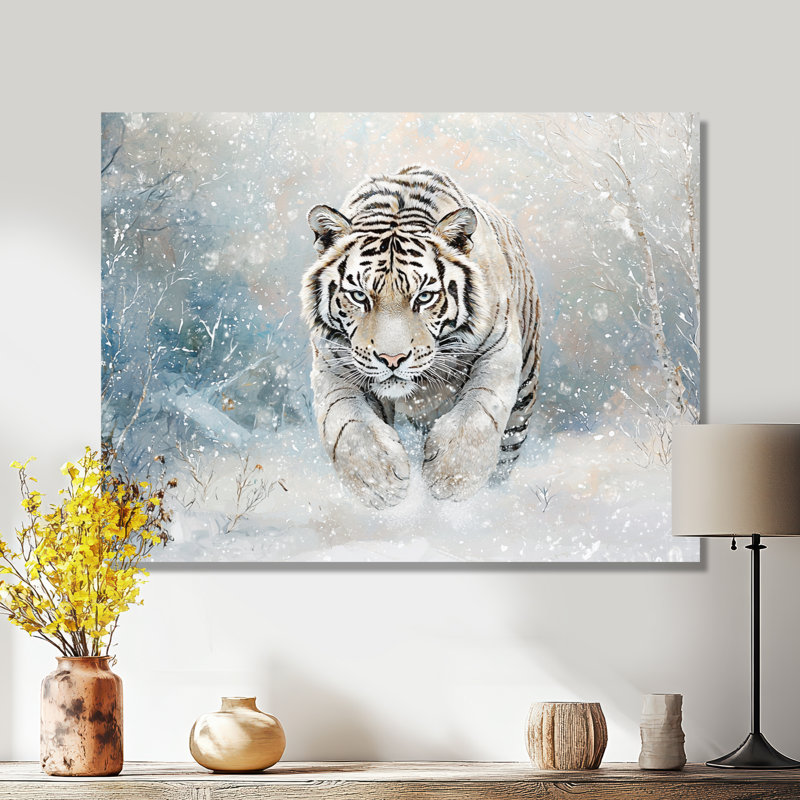 Tigre du Bengale blanc en hiver I - animaux, décor métallique, tigre, H 24 po x l 32 po