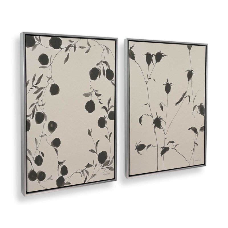 «Black Ink Botanicals», ensemble de 2, Cadre flottant en chrome poli, H 49 po x l 66 po