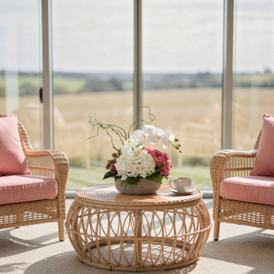 Modern Centerpiece with Orchids and Hydrangeas
