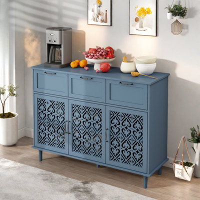 3 Doors Sideboard With 3 Drawers, Carved Symmetrical Pattern, Black Metal Handles And Adjustable Layers