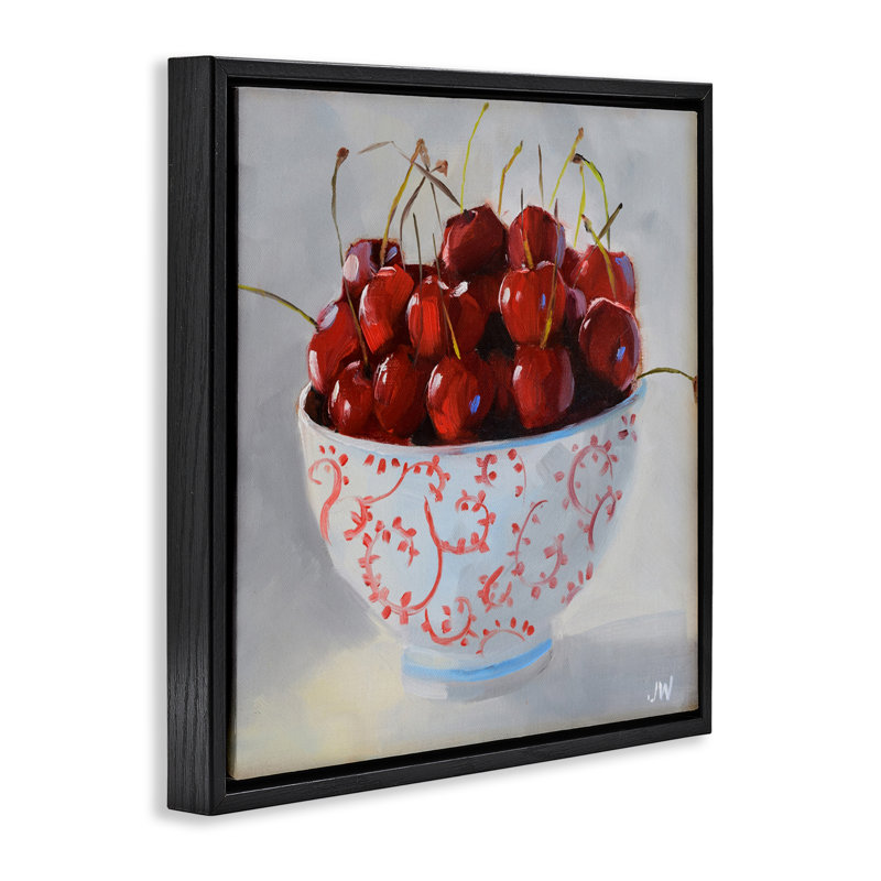 «Cherries in Ornate Bowl Floater», art mural sur toile par Jenny Westenhofer, H 18 po x l 18 po, Cadre flottant gris lustré