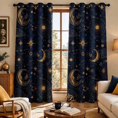 2Pcs Celestial Moon Stars Sun Pattern Sun Blocking Curtains, Artistic Astrology Themed Grommet, Modern Chic Nocturnal Sky Print Light Blocking for Bedroom Living Room Decoration for Home Dector