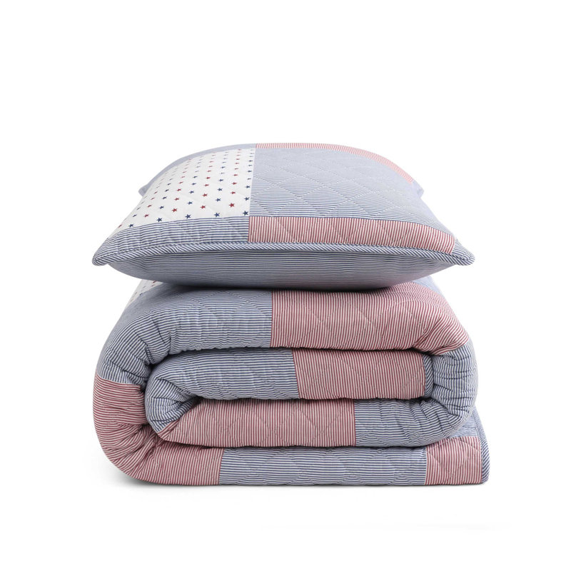 Tommy Hilfiger Ithaca Americana Patchwork Cotton Reversible Blue Quilt Set, King Quilt + 2 King Shams