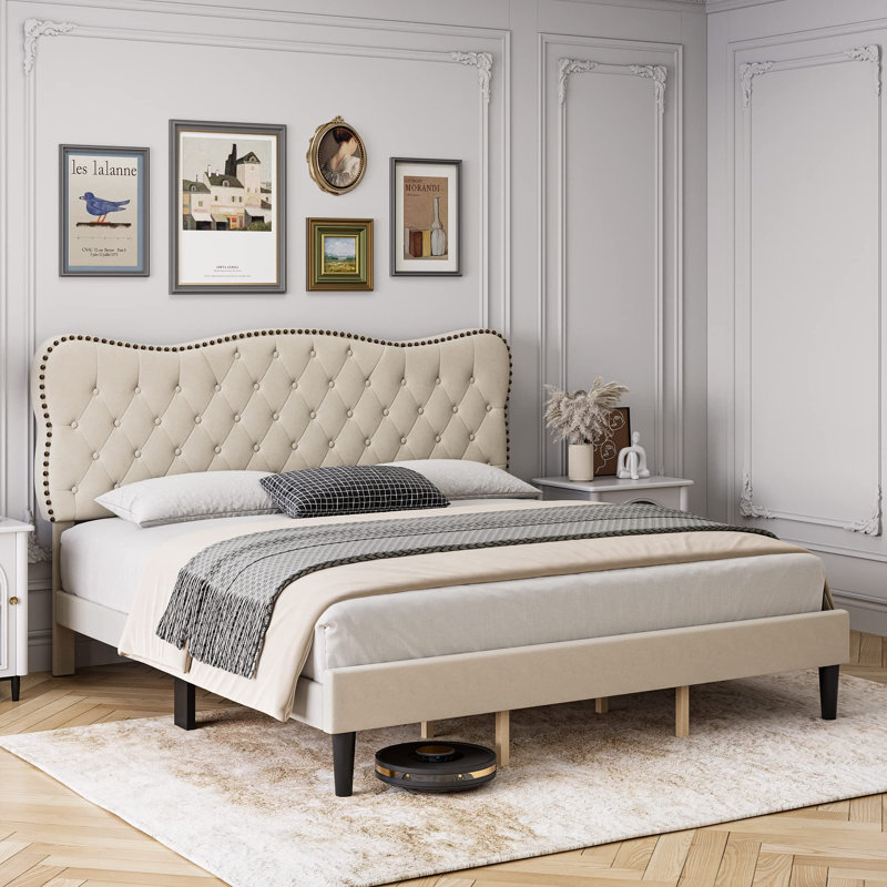 Lit plateforme tapissier Divja, Beige, Très grand