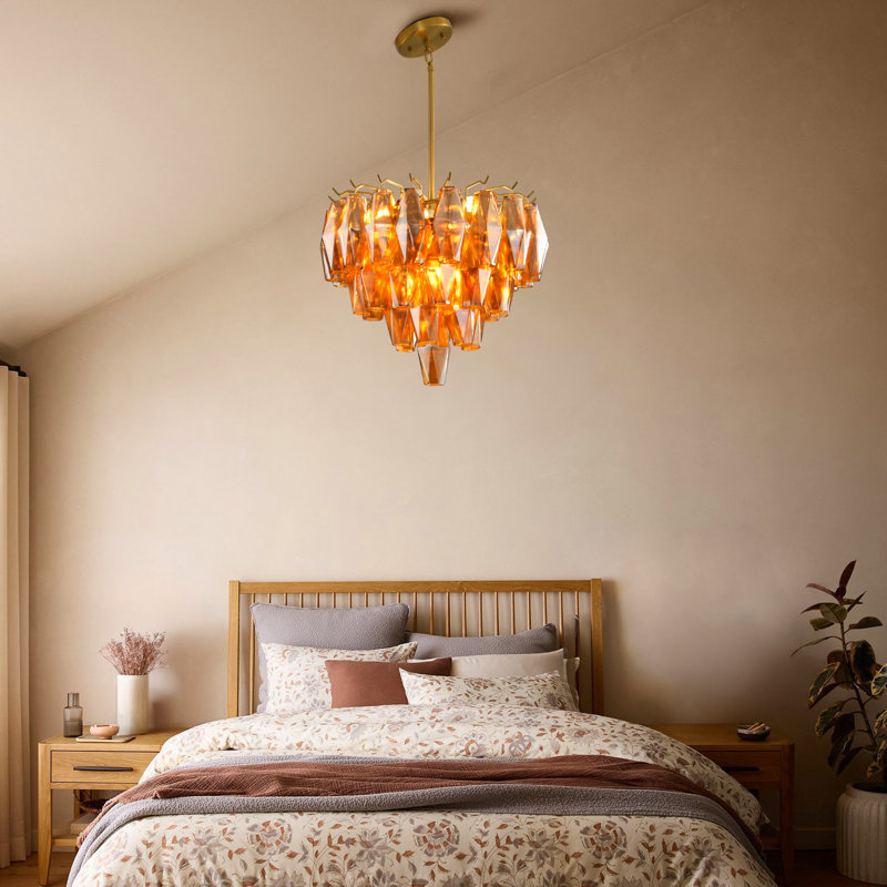 Fenella 4 - Light 17'' Dimmable Luxury Tiered Round Pendant Light With Amber Glass, Gold