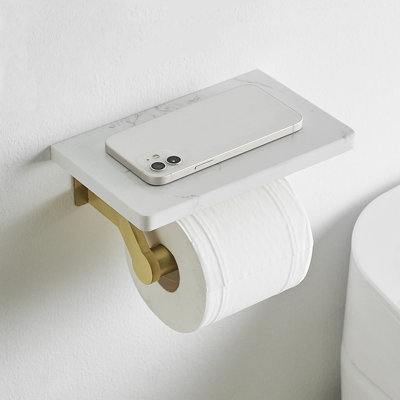 Brushed Gold Stainless Steel Toilet Paper Holder With White Natural Marble Shelf, Wall Mounted Tissue Hand Paper Roll Storage Holder