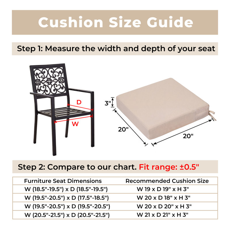 Coussins de siège d'extérieur imperméables pour meubles de patio, 3", L 20 po x P 20 po, Peachy Tan
